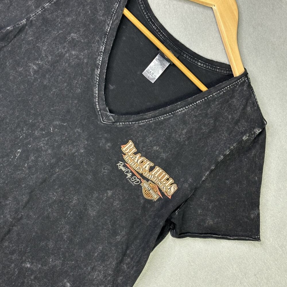 Harley-Davidson Black Hills Rapid City SD Women's T-Shirt V-Neck Acid Wash L